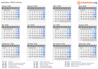 Kalender 2026 mit Ferien und Feiertagen Eritrea