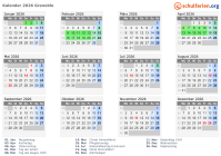 Kalender 2026 mit Ferien und Feiertagen Grenoble