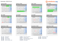 Kalender 2026 mit Ferien und Feiertagen Paris