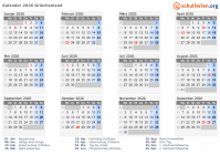 Kalender 2026 mit Ferien und Feiertagen Griechenland