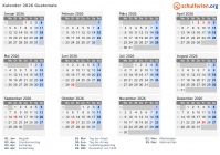 Kalender 2026 mit Ferien und Feiertagen Guatemala