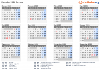 Kalender 2026 mit Ferien und Feiertagen Guyana