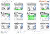 Kalender 2026 mit Ferien und Feiertagen Groningen