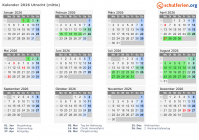 Kalender 2026 mit Ferien und Feiertagen Utrecht (mitte)