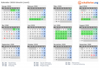 Kalender 2026 mit Ferien und Feiertagen Utrecht (nord)