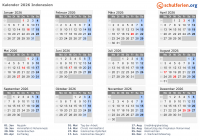 Kalender 2026 mit Ferien und Feiertagen Indonesien
