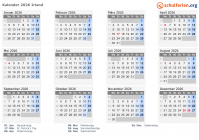 Kalender 2026 mit Ferien und Feiertagen Irland