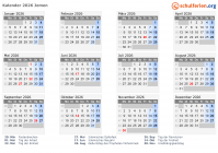 Kalender 2026 mit Ferien und Feiertagen Jemen
