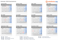 Kalender 2026 mit Ferien und Feiertagen Kambodscha