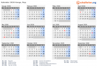 Kalender 2026 mit Ferien und Feiertagen Kongo, Rep.