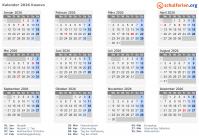 Kalender 2026 mit Ferien und Feiertagen Kosovo