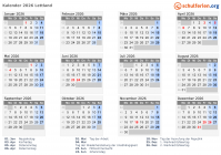 Kalender 2026 mit Ferien und Feiertagen Lettland