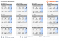 Kalender 2026 mit Ferien und Feiertagen Mongolei