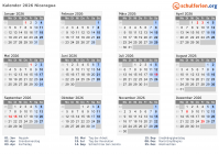 Kalender 2026 mit Ferien und Feiertagen Nicaragua