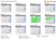 Kalender 2026 mit Ferien und Feiertagen Niedersachsen
