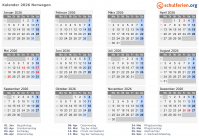 Kalender 2026 mit Ferien und Feiertagen Norwegen