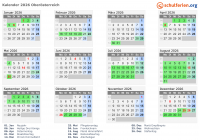 Kalender 2026 mit Ferien und Feiertagen Oberösterreich