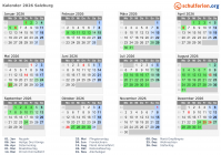 Kalender 2026 mit Ferien und Feiertagen Salzburg