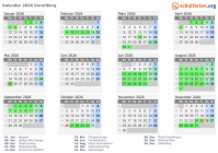 Kalender 2026 mit Ferien und Feiertagen Vorarlberg