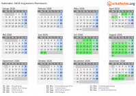 Kalender 2026 mit Ferien und Feiertagen Kujawien-Pommern