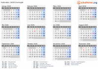 Kalender 2026 mit Ferien und Feiertagen Portugal