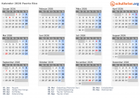 Kalender 2026 mit Ferien und Feiertagen Puerto Rico