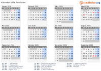 Kalender 2026 mit Ferien und Feiertagen Rumänien