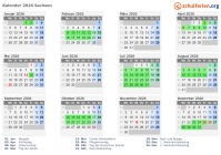 Kalender 2026 mit Ferien und Feiertagen Sachsen