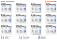 Kalender 2026 mit Ferien und Feiertagen Schweden