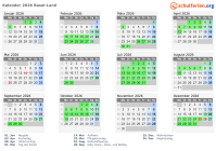 Kalender 2026 mit Ferien und Feiertagen Basel-Land