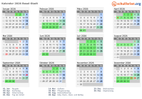 Kalender 2026 mit Ferien und Feiertagen Basel-Stadt