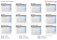 Kalender 2026 mit Ferien und Feiertagen Freiburg