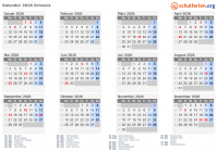 Kalender 2026 mit Ferien und Feiertagen Schweiz