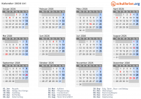 Kalender 2026 mit Ferien und Feiertagen Uri