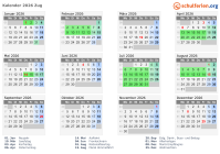 Kalender 2026 mit Ferien und Feiertagen Zug
