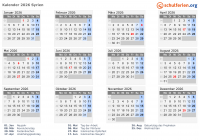 Kalender 2026 mit Ferien und Feiertagen Syrien