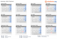 Kalender 2026 mit Ferien und Feiertagen Thailand