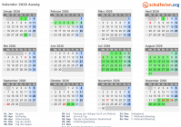 Kalender 2026 mit Ferien und Feiertagen Aussig