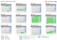 Kalender 2026 mit Ferien und Feiertagen Brünn-Stadt