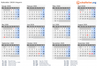Kalender 2026 mit Ferien und Feiertagen Ungarn