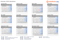 Kalender 2026 mit Ferien und Feiertagen Usbekistan