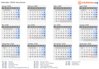 Kalender 2026 mit Ferien und Feiertagen Venezuela