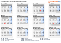Kalender 2026 mit Ferien und Feiertagen Vereinigte Arabische Emirate