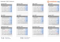 Kalender 2027 mit Ferien und Feiertagen Andorra