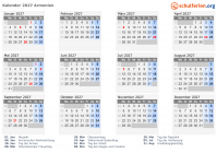 Kalender 2027 mit Ferien und Feiertagen Armenien