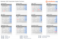 Kalender 2027 mit Ferien und Feiertagen Australisches Hauptstadtterritorium