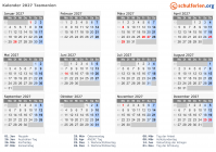 Kalender 2027 mit Ferien und Feiertagen Tasmanien