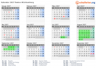 Kalender 2027 mit Ferien und Feiertagen Baden-Württemberg