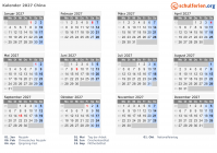 Kalender 2027 mit Ferien und Feiertagen China