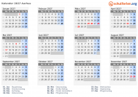 Kalender 2027 mit Ferien und Feiertagen Aarhus